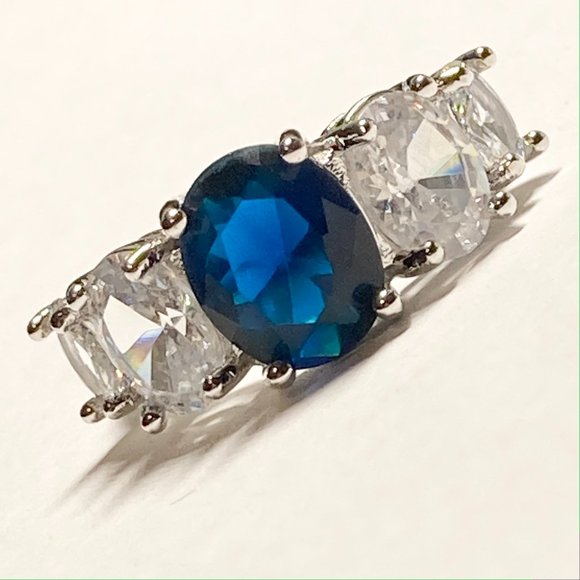 Silver Sapphire Blue Cubic Zirconia Anniversary Ring Size 7 Plated Simulated - Picture 1 of 11